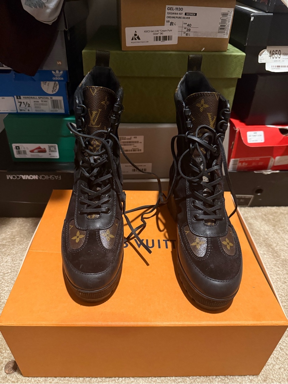 Louis Vuitton Black and Brown Monogram Women High-Top Lace-Up Boots